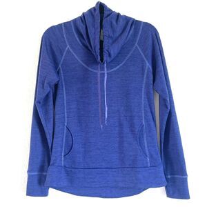 KUHL Women’s “Lea” Blue Purple Cowl Neck Tie Knit Pullover Kangaroo Pocket